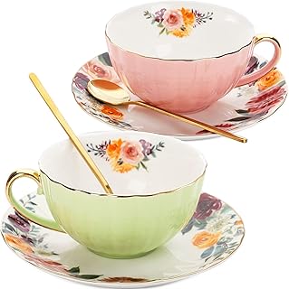 Lyellfe Set of 2 Tea Cup and Saucers, 8 Oz Floral Tea Cups with Gold Trim and Spoon, Porcelain British Coffee Cups, - Image 1