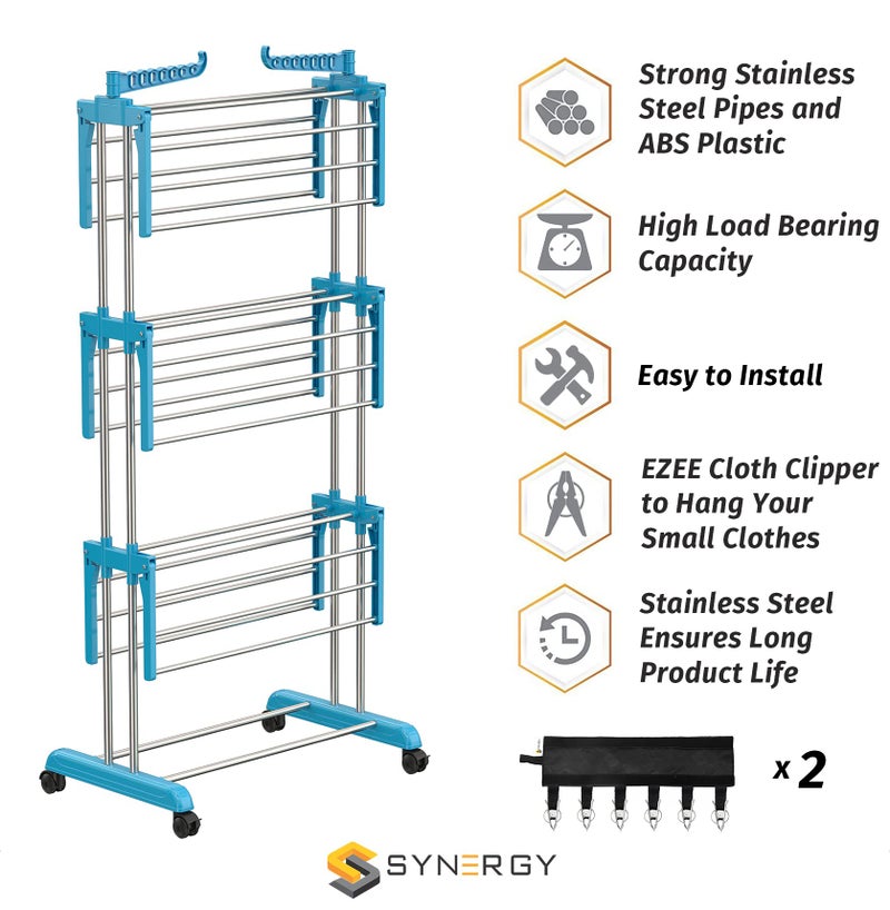 Synergy - Premium Heavy Duty Stainless Steel Clothes Drying Stand with EZEE Clipper for Hanging Undergarments, Socks, Baby Clothes (3-Tier) Blue - SY-CS19-COMBO - Image 2