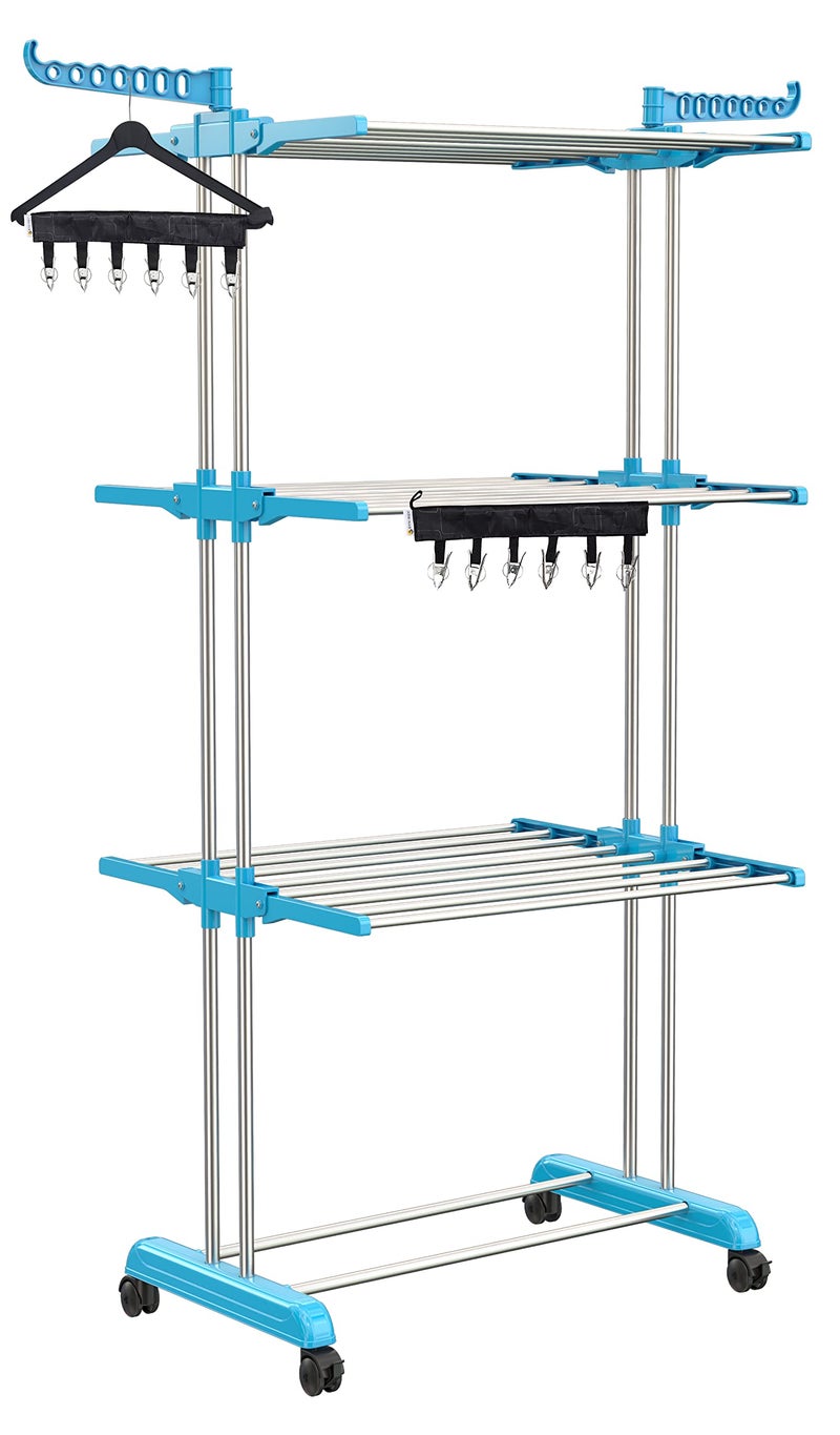 Synergy - Premium Heavy Duty Stainless Steel Clothes Drying Stand with EZEE Clipper for Hanging Undergarments, Socks, Baby Clothes (3-Tier) Blue - SY-CS19-COMBO - Image 1