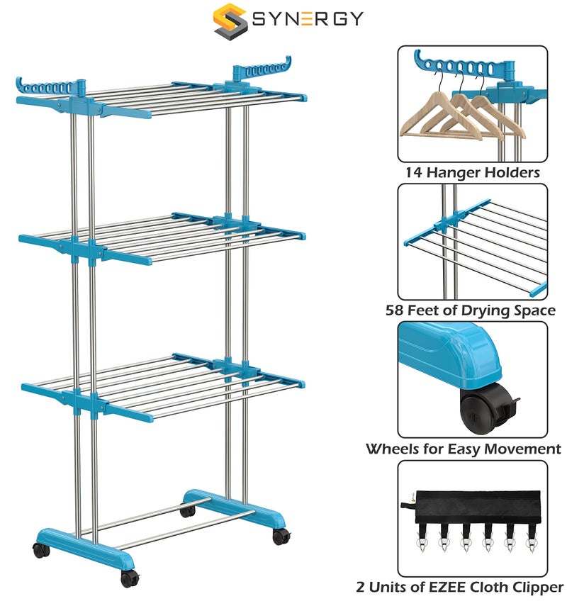 Synergy - Premium Heavy Duty Stainless Steel Clothes Drying Stand with EZEE Clipper for Hanging Undergarments, Socks, Baby Clothes (3-Tier) Blue - SY-CS19-COMBO - Image 3