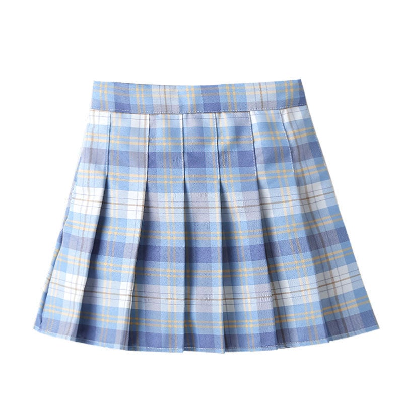Girls Pleated Skirt Autumn Spring New Fashion Light blue white plaid skirt 