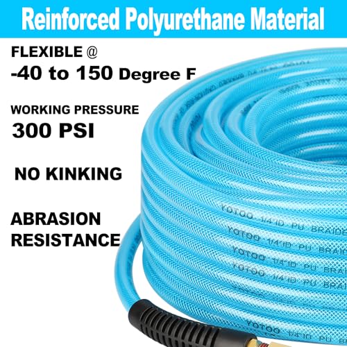 YOTOO Reinforced Polyurethane Air Hose 14 Inner Diameter by 50 Long Flexible Heavy Duty Air Compressor Hose with Bend Restrictor 14 Swivel Industrial Quick Coupler and Plug Blue - Image 3