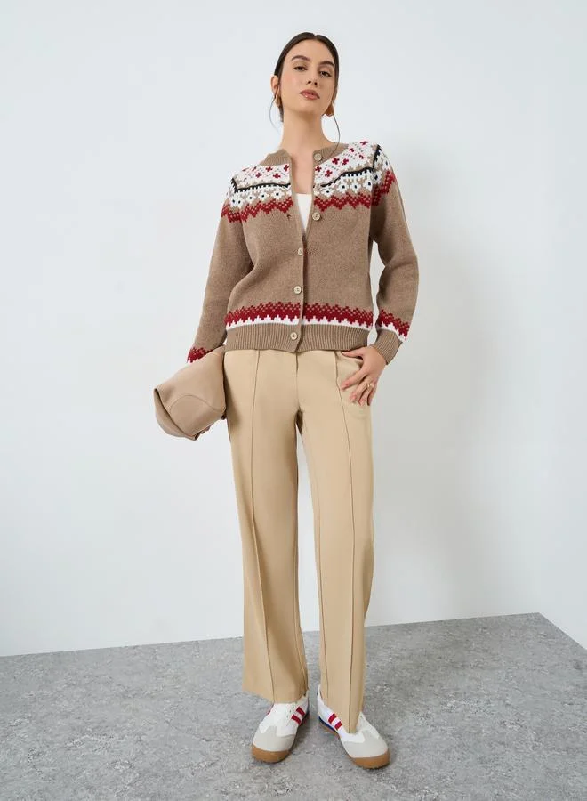 Take Two Take Two Brown Regular Fit Patterned Knit Cardigan
