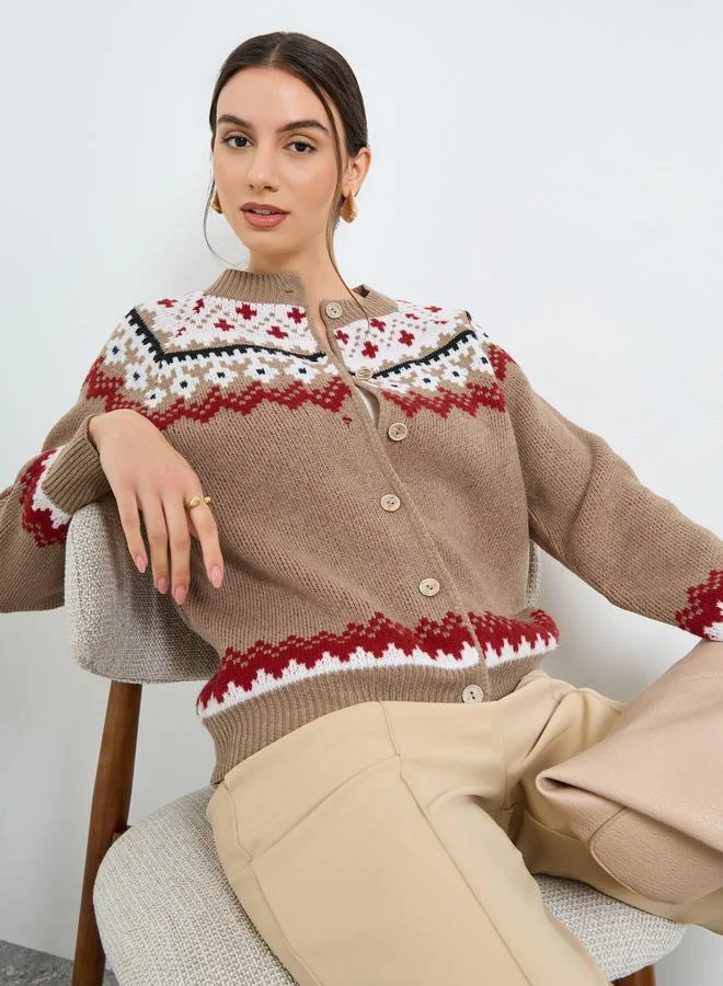 Take Two Take Two Brown Regular Fit Patterned Knit Cardigan