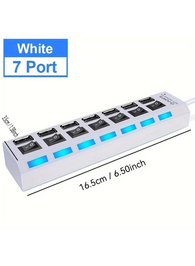White 7 Port USB 2 0 Hub with Power Adapter and Switch for Laptop PC Peripherals - Image 2