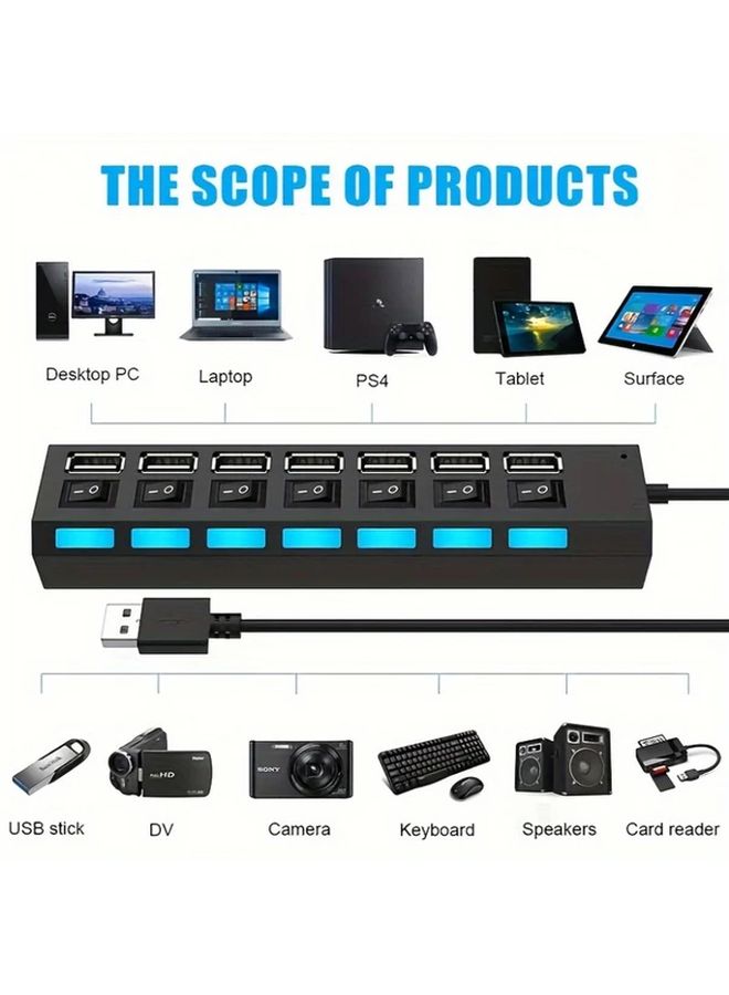 White 7 Port USB 2 0 Hub with Power Adapter and Switch for Laptop PC Peripherals - Image 5