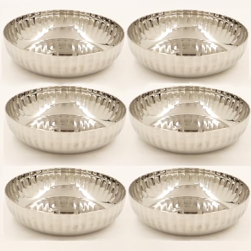 Spillbox Stainless Steel Hammered Bowl|Quarter Plates| Snack Plate|Nasta Plate| Dessert Plate Set| Side Dish Cup|Mirror Finish| BPA Free(SS Ribbed Sidedish Plate) (Pack of 6) - Image 1