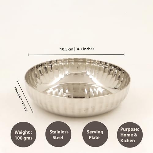 Spillbox Stainless Steel Hammered Bowl|Quarter Plates| Snack Plate|Nasta Plate| Dessert Plate Set| Side Dish Cup|Mirror Finish| BPA Free(SS Ribbed Sidedish Plate) (Pack of 6) - Image 4