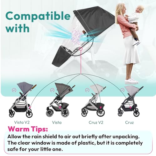 Boffinby Performance Rain Shield, Rain Cover Fits for UPPAbaby Vista/Vista V2/Vista V3/Cruz/Cruz V2 Stroller, Protect from Wind/Rain/Snow/Dust, Air Vent Hole, Window with Zipper, Stroller Accessories - Image 2