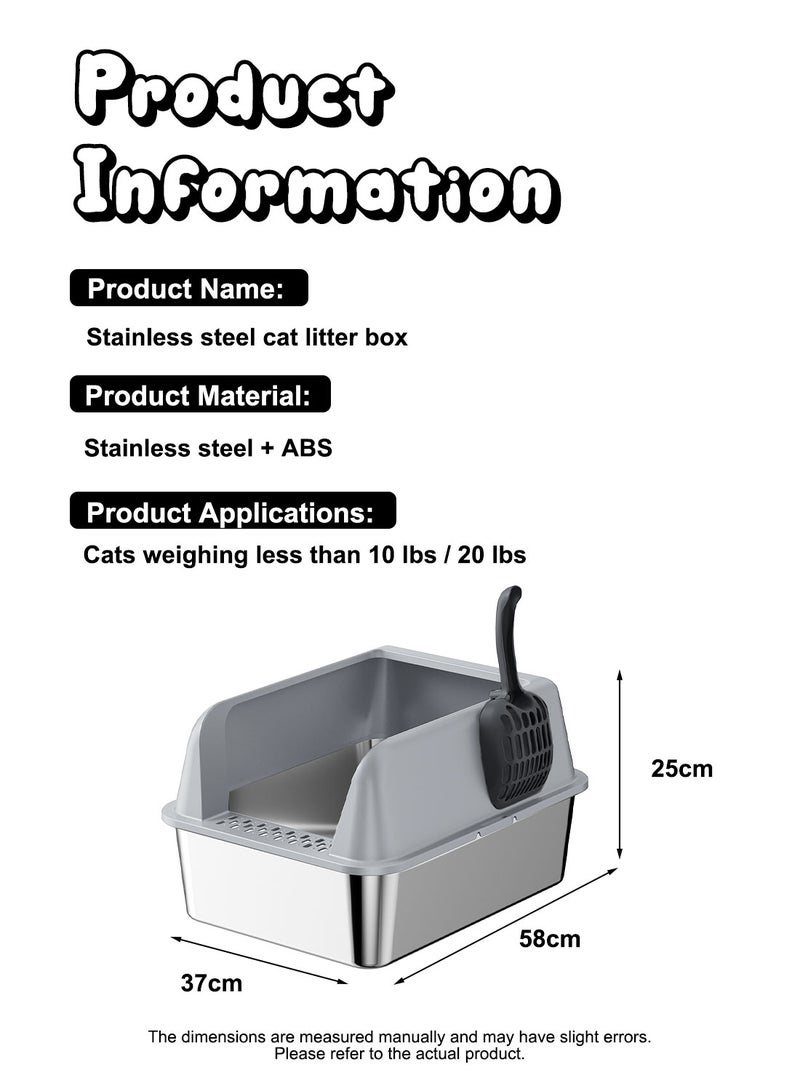 Kidle Large Stainless Steel Cat Litter Box with Litter Scoop Cat Toilet Cat Litter Tray High Wall Side Shell Non-Sticky Anti Splashing and Easy Clean 37*58*25cm - Image 4