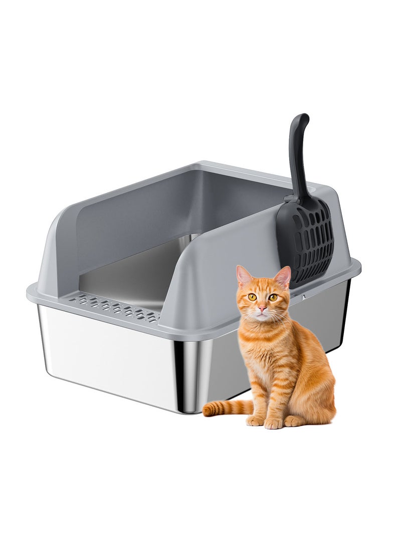 Kidle Large Stainless Steel Cat Litter Box with Litter Scoop Cat Toilet Cat Litter Tray High Wall Side Shell Non-Sticky Anti Splashing and Easy Clean 37*58*25cm - Image 1