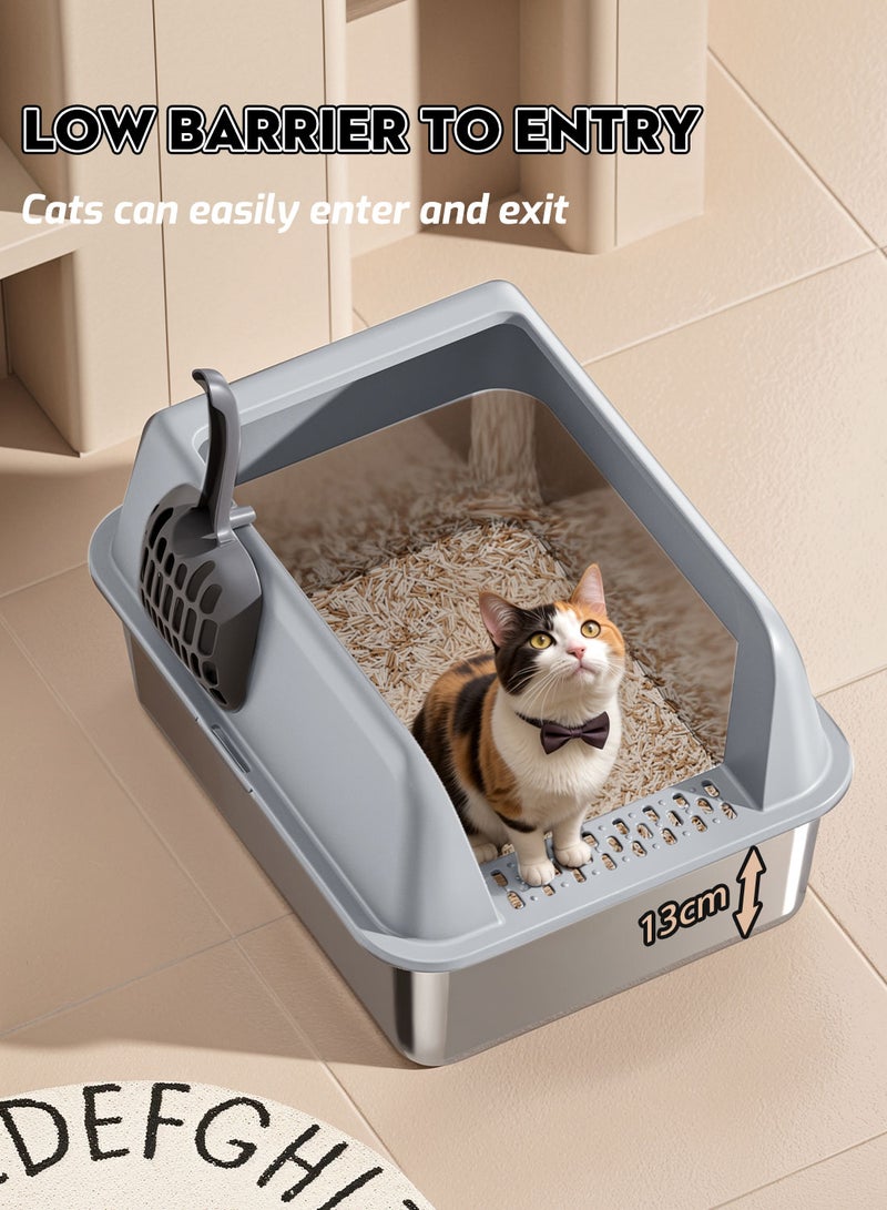 Kidle Large Stainless Steel Cat Litter Box with Litter Scoop Cat Toilet Cat Litter Tray High Wall Side Shell Non-Sticky Anti Splashing and Easy Clean 37*58*25cm - Image 2