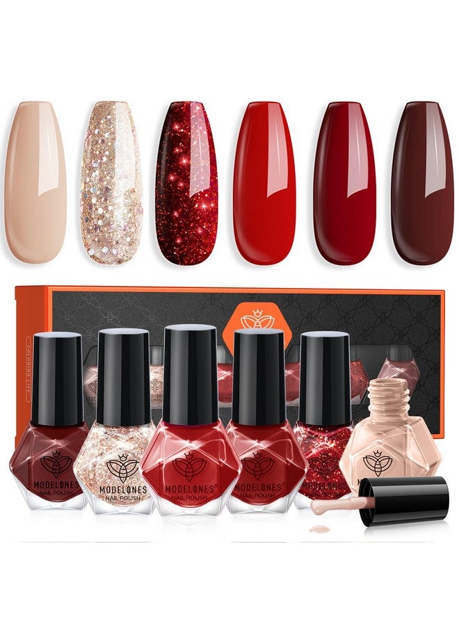 موديل ونز طلاء أظافر موديلونز، 6 ألوان، أحمر، عاري، ذهبي، لامع، سريع الجفاف، عنابي، لامع، مجموعة طلاء أظافر صغيرة، مانيكير ربيعي، عيد الحب، فن أظافر منزلي، هدية للنساء والفتيات - Image 1