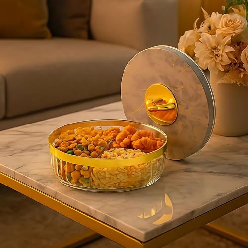 GALOOF 4-Section Round Transparent Dry Fruit Serving Box | Multipurpose Airtight Storage Set | Premium Festive Gifting & Serving Tray for Dry Fruits, Chocolates, Snacks & Candy (GREY MARBLE) - Image 4