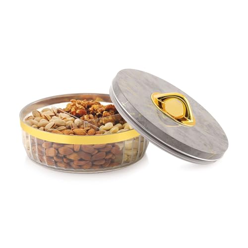 GALOOF 4-Section Round Transparent Dry Fruit Serving Box | Multipurpose Airtight Storage Set | Premium Festive Gifting & Serving Tray for Dry Fruits, Chocolates, Snacks & Candy (GREY MARBLE) - Image 5