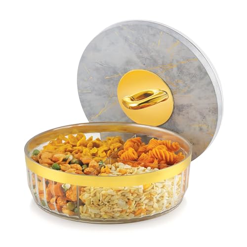 GALOOF 4-Section Round Transparent Dry Fruit Serving Box | Multipurpose Airtight Storage Set | Premium Festive Gifting & Serving Tray for Dry Fruits, Chocolates, Snacks & Candy (GREY MARBLE) - Image 1