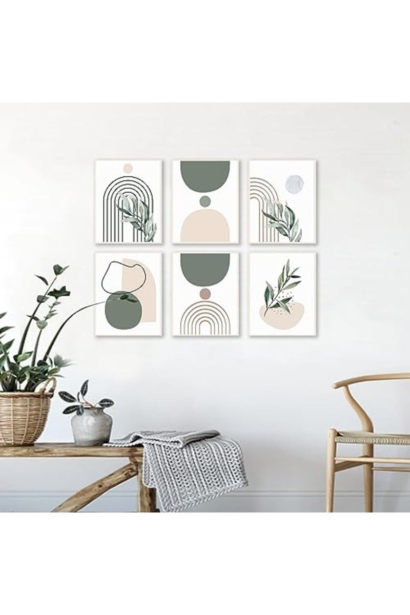 KBKBART Sage Green Boho Wall Art Prints, Abstract Geometric Boho Wall Decor Leaf Botanical Sun Moon Line Canvas Art Prints, Minimalist Green Boho Room Decor Poster Paintings for Bedroom Gallery Living Room - Image 4