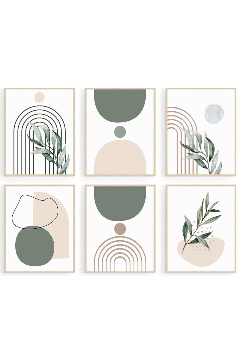 KBKBART Sage Green Boho Wall Art Prints, Abstract Geometric Boho Wall Decor Leaf Botanical Sun Moon Line Canvas Art Prints, Minimalist Green Boho Room Decor Poster Paintings for Bedroom Gallery Living Room - Image 1