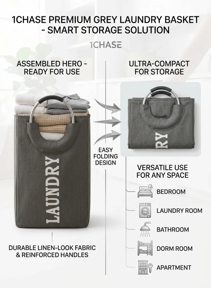 1Chase grey Foldable Laundry Basket with Handle, 55L, Large Capacity, Waterproof, Dirty Clothes Storage Bag, Space Saving, Grey  | Best Price UAE