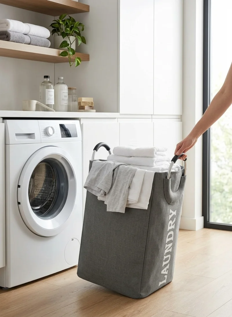 1Chase grey Foldable Laundry Basket with Handle, 55L, Large Capacity, Waterproof, Dirty Clothes Storage Bag, Space Saving, Grey  | Best Price UAE
