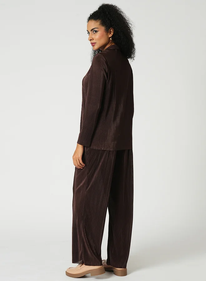 globus Globus Textured Striped Long Sleeve Shirt and Wide Leg Trousers Co-Ords