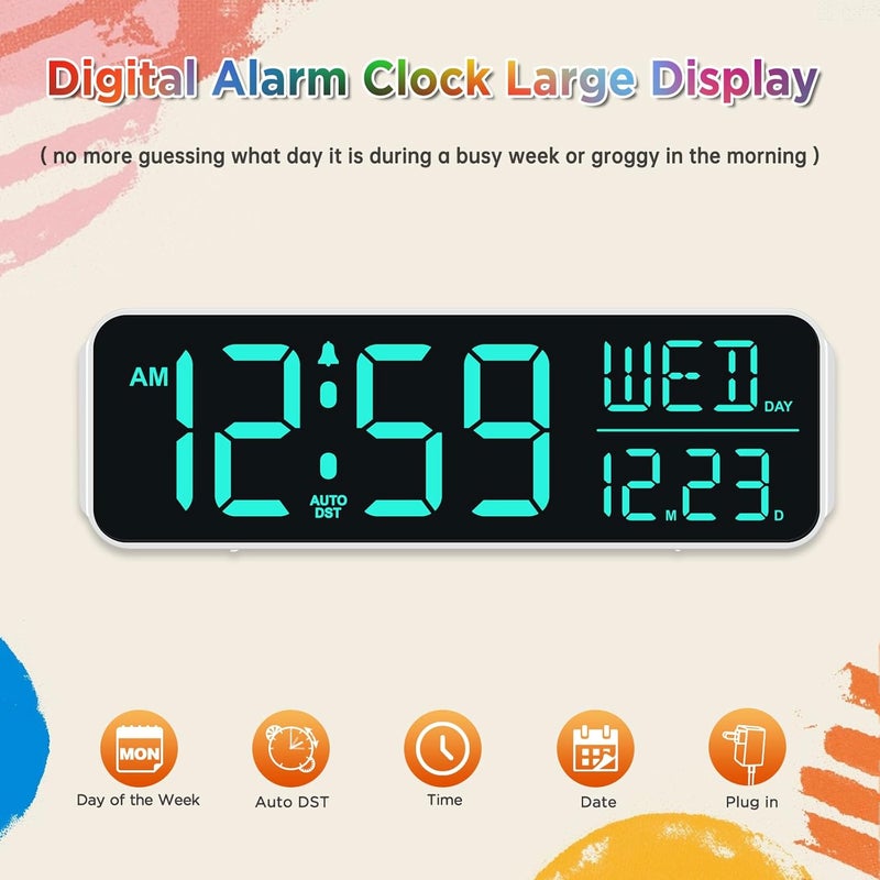 Peakeep Large Display Digital Alarm Clock for Bedrooms, Date Day of Week Desk Table Clocks for Living Room Office, Dimmable Plug in Electric Clock, 5 Volumes, Loud, Auto DST - Image 2