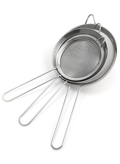 3 Pcs Super Wire Extra Fine Mesh Strainer with Handle, Small Medium Large Size Sifter Metal Strainer Set Stainless Steel Sieve Fine Mesh Strainers for Kitchen Silver