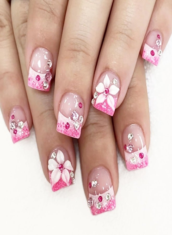 KKUUOO 24Pcs Spring Summer Press on Nails,Short Square Fake Nails with 3D Flower Rhinestones Designs White Rose Red French Press Ons Full Cover Acrylic Glossy Stick on Nails for Women Girls - Image 1
