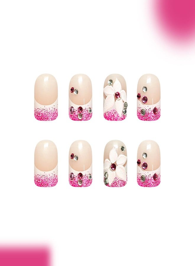 KKUUOO 24Pcs Spring Summer Press on Nails,Short Square Fake Nails with 3D Flower Rhinestones Designs White Rose Red French Press Ons Full Cover Acrylic Glossy Stick on Nails for Women Girls - Image 2