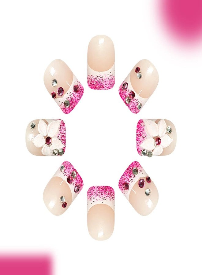 KKUUOO 24Pcs Spring Summer Press on Nails,Short Square Fake Nails with 3D Flower Rhinestones Designs White Rose Red French Press Ons Full Cover Acrylic Glossy Stick on Nails for Women Girls - Image 3