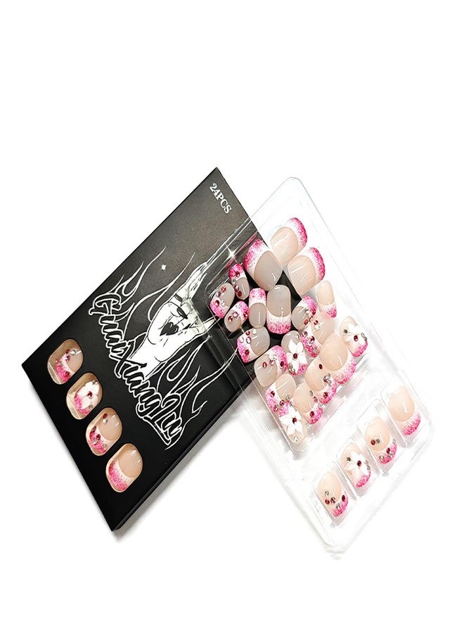 KKUUOO 24Pcs Spring Summer Press on Nails,Short Square Fake Nails with 3D Flower Rhinestones Designs White Rose Red French Press Ons Full Cover Acrylic Glossy Stick on Nails for Women Girls - Image 5