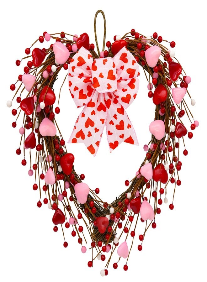 CRCZK Valentines Day Wreath for front door Valentines Day Decorations-16Inch Red Pink Heart Wreath with Artificial Hearts & Berries Valentine's Day Bow Wreaths for Indoor/Outdoor Valentine's Day Decor - Image 1