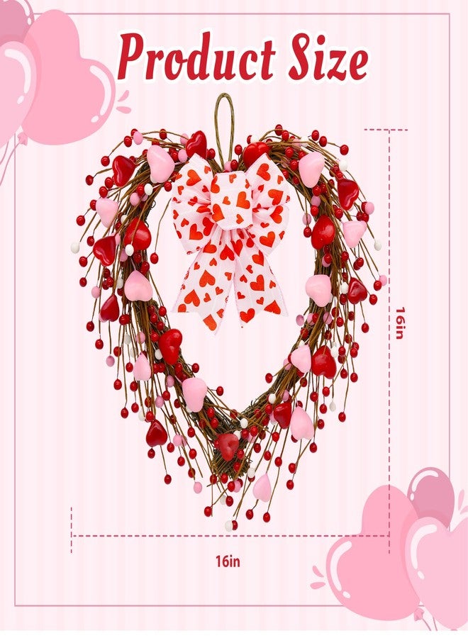 CRCZK Valentines Day Wreath for front door Valentines Day Decorations-16Inch Red Pink Heart Wreath with Artificial Hearts & Berries Valentine's Day Bow Wreaths for Indoor/Outdoor Valentine's Day Decor - Image 5