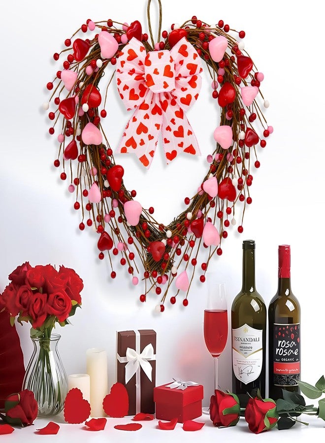 CRCZK Valentines Day Wreath for front door Valentines Day Decorations-16Inch Red Pink Heart Wreath with Artificial Hearts & Berries Valentine's Day Bow Wreaths for Indoor/Outdoor Valentine's Day Decor - Image 2