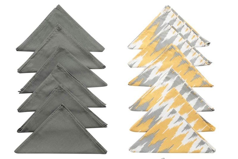 Dekor World 12 Pieces Cotton Ternion Yellow Grey Printed and Solid Napkin Set for Dinning and Kitchen - Image 1