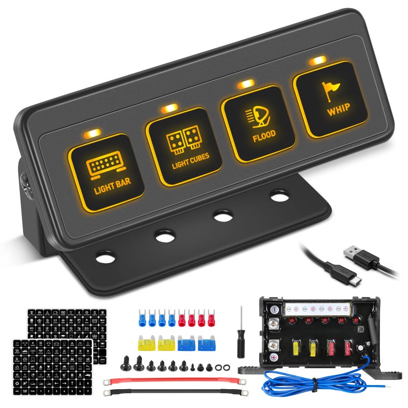 Wireless 4 Gang Switch Panel Niking Auto Multifunction Offroad LED Switch Pods with Toggle Pulse Auxiliary Universal Circuit Control 12V Relay System Control Box for Trucks SUV UTV Car Boat RV Marine