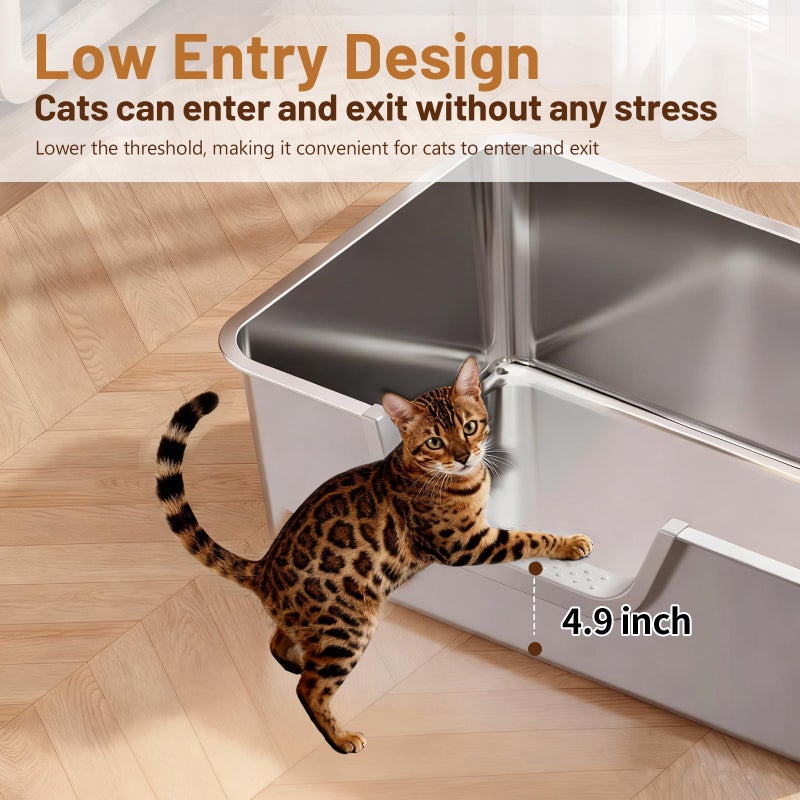 Tondid Stainless Steel Cat Litter Box, Steel Litter Pan with Curved Low Entry, Leak Proof 6 Inch High Side for Urine, Easy Entry for Kittens Older Cats, No Slip, 23.6" x 15.7" x 7.9", Silver - Image 3