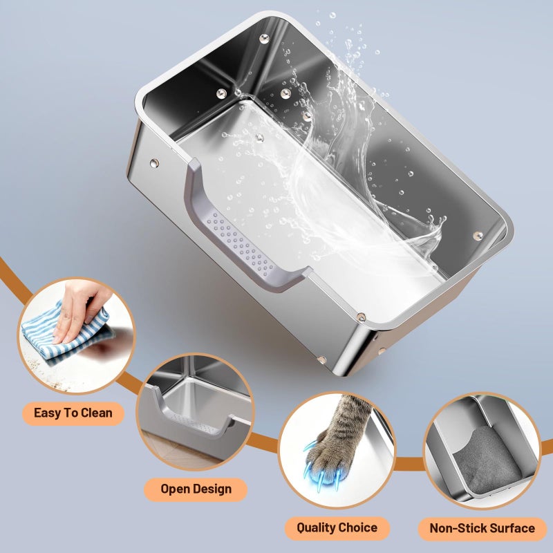 Tondid Stainless Steel Cat Litter Box, Steel Litter Pan with Curved Low Entry, Leak Proof 6 Inch High Side for Urine, Easy Entry for Kittens Older Cats, No Slip, 23.6" x 15.7" x 7.9", Silver - Image 5