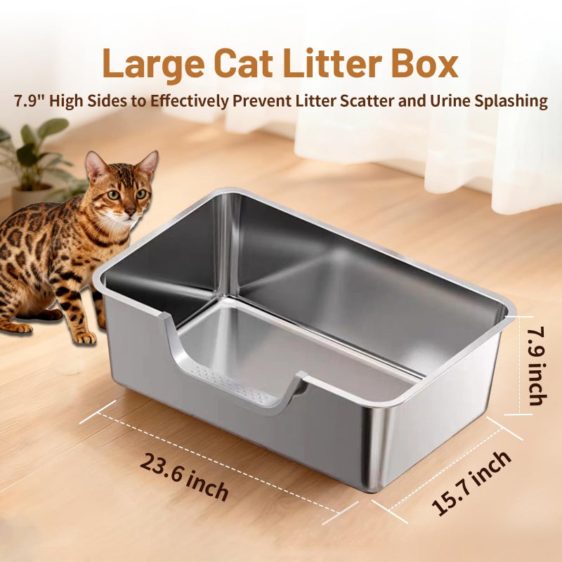 Tondid Stainless Steel Cat Litter Box, Steel Litter Pan with Curved Low Entry, Leak Proof 6 Inch High Side for Urine, Easy Entry for Kittens Older Cats, No Slip, 23.6" x 15.7" x 7.9", Silver - Image 2