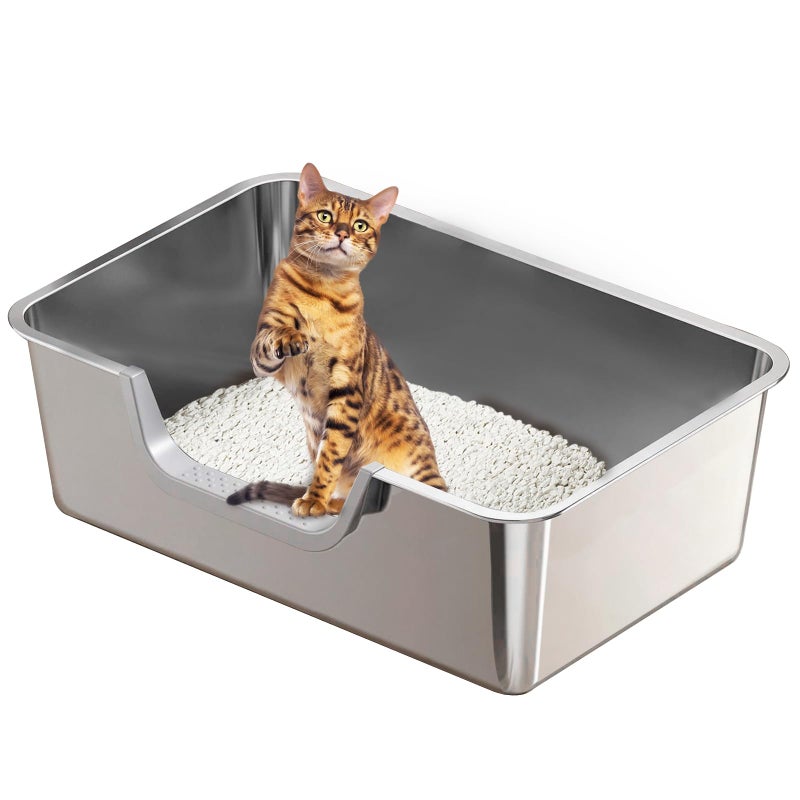 Tondid Stainless Steel Cat Litter Box, Steel Litter Pan with Curved Low Entry, Leak Proof 6 Inch High Side for Urine, Easy Entry for Kittens Older Cats, No Slip, 23.6" x 15.7" x 7.9", Silver - Image 1