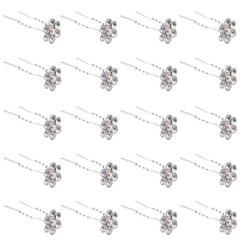 QIUTIMIY 20 Pack White Crystal Flower Hair Pins Rhinestone Hair Clips for Bridal Wedding Women Hair Jewelry Accessories with Clear Container