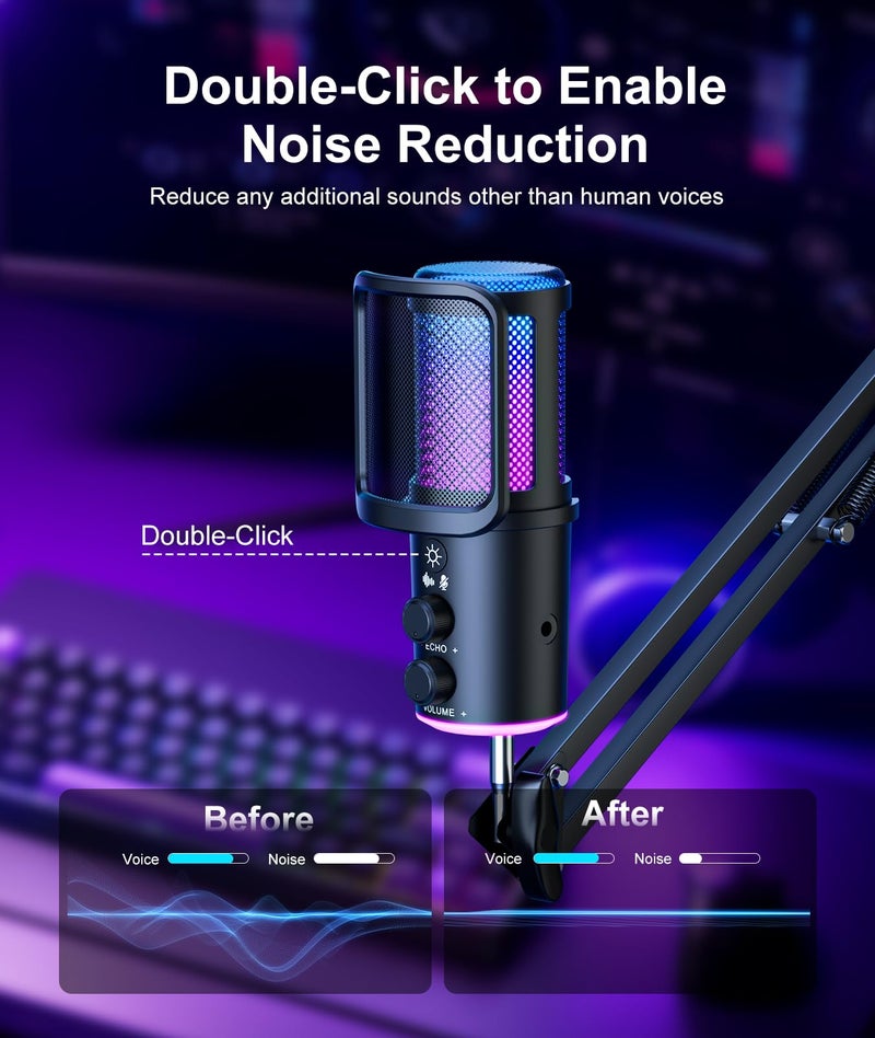ONIKUMA GAMING Gaming USB Microphone, Noise Cancellation Condenser Mic with Mute,Boom Arm Mic-Reverb Adjustment, Monitoring for Streaming, Podcasting, Discord, YouTube,PC, Computer, PS4, PS5, Mac - Image 2