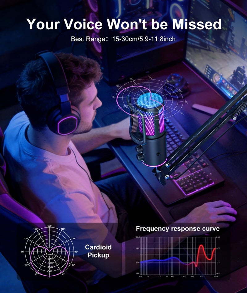 ONIKUMA GAMING Gaming USB Microphone, Noise Cancellation Condenser Mic with Mute,Boom Arm Mic-Reverb Adjustment, Monitoring for Streaming, Podcasting, Discord, YouTube,PC, Computer, PS4, PS5, Mac - Image 3