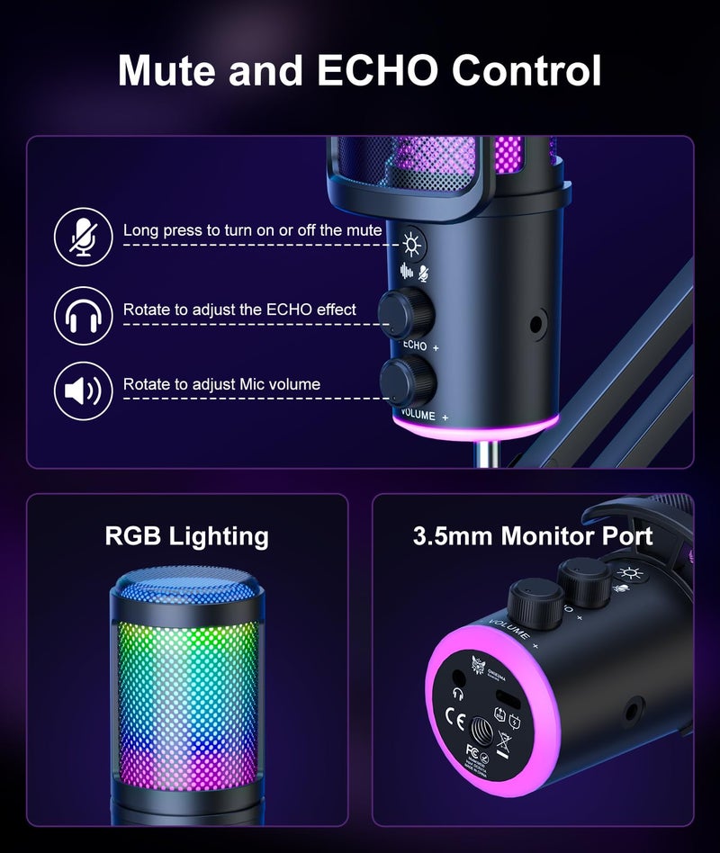 ONIKUMA GAMING Gaming USB Microphone, Noise Cancellation Condenser Mic with Mute,Boom Arm Mic-Reverb Adjustment, Monitoring for Streaming, Podcasting, Discord, YouTube,PC, Computer, PS4, PS5, Mac - Image 5