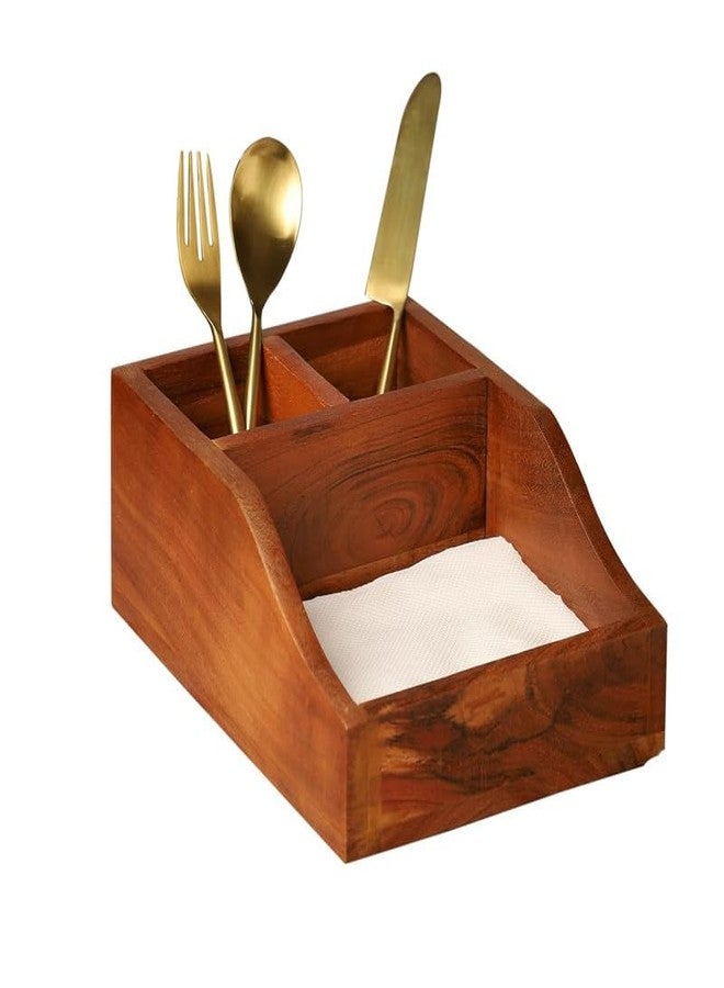 AURKA Acacia Wooden Cutlery Holder with 3 Compartments, 10" Multipurpose Spoon & Fork Stand for Dining Table & Kitchen Organizer - Image 1