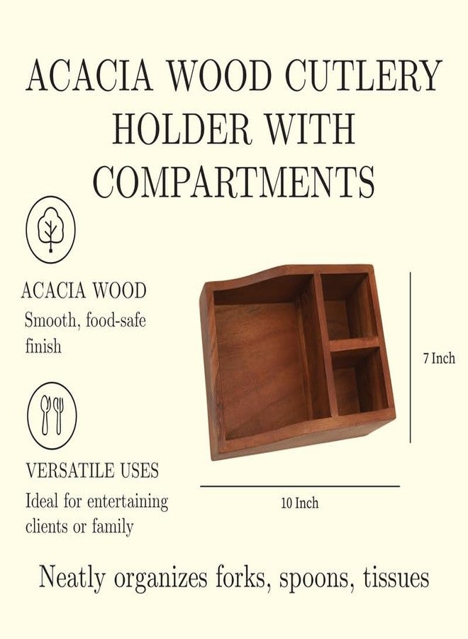 AURKA Acacia Wooden Cutlery Holder with 3 Compartments, 10" Multipurpose Spoon & Fork Stand for Dining Table & Kitchen Organizer - Image 2