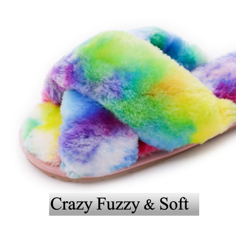 Crazy Lady Women's Fuzzy Fluffy House Slippers Cute Plush Memory Foam Shoes Cross Band Indoor Outdoor Open Toe Sandals(06/Rainbow, 5.5-6.5) - Image 2