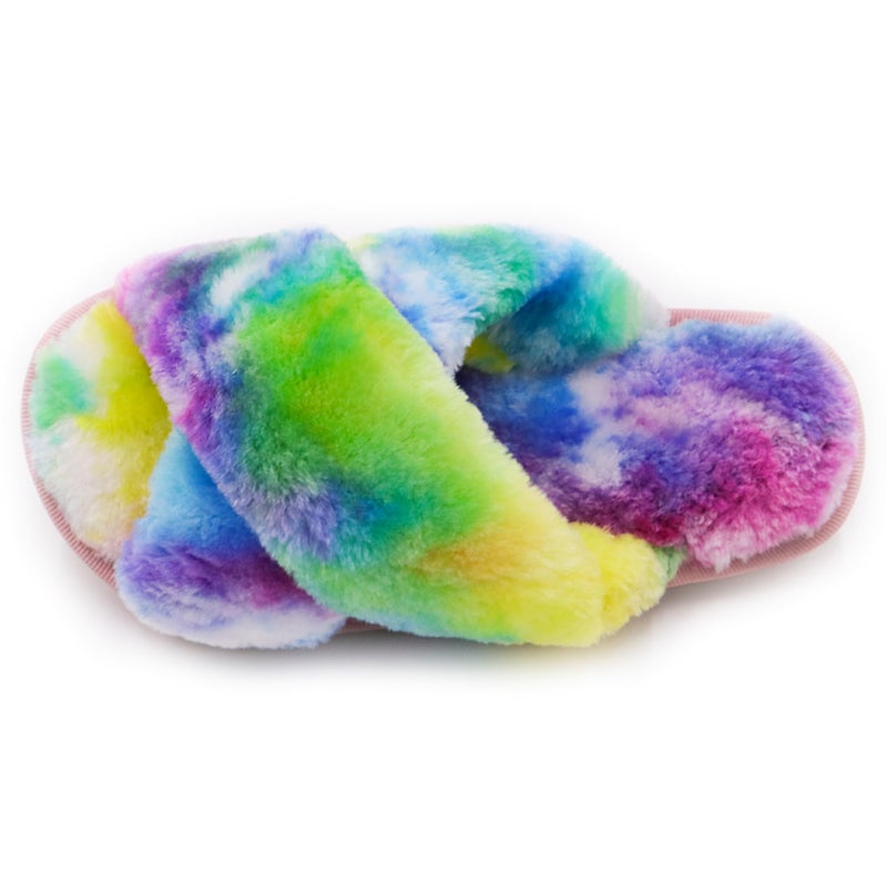 Crazy Lady Women's Fuzzy Fluffy House Slippers Cute Plush Memory Foam Shoes Cross Band Indoor Outdoor Open Toe Sandals(06/Rainbow, 5.5-6.5) - Image 5
