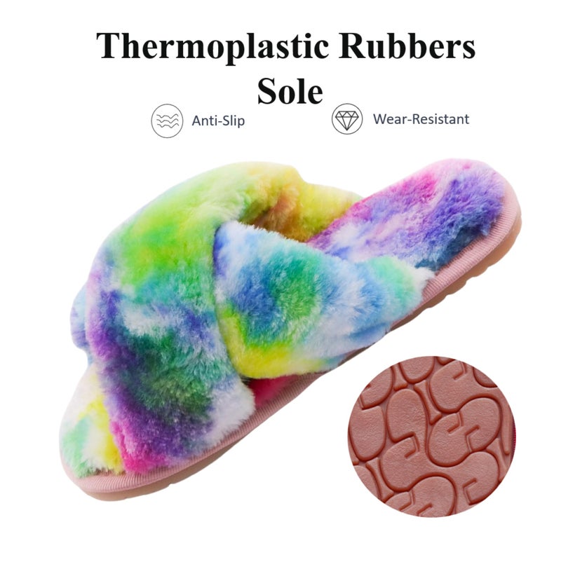 Crazy Lady Women's Fuzzy Fluffy House Slippers Cute Plush Memory Foam Shoes Cross Band Indoor Outdoor Open Toe Sandals(06/Rainbow, 5.5-6.5) - Image 3