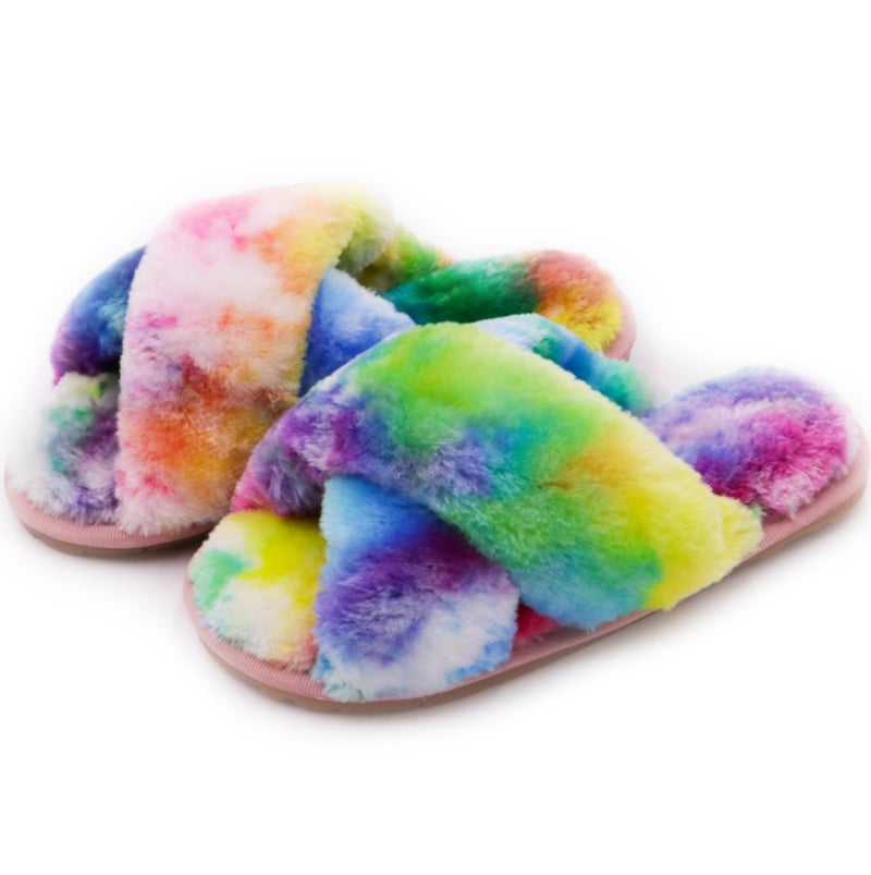 Crazy Lady Women's Fuzzy Fluffy House Slippers Cute Plush Memory Foam Shoes Cross Band Indoor Outdoor Open Toe Sandals(06/Rainbow, 5.5-6.5) - Image 1